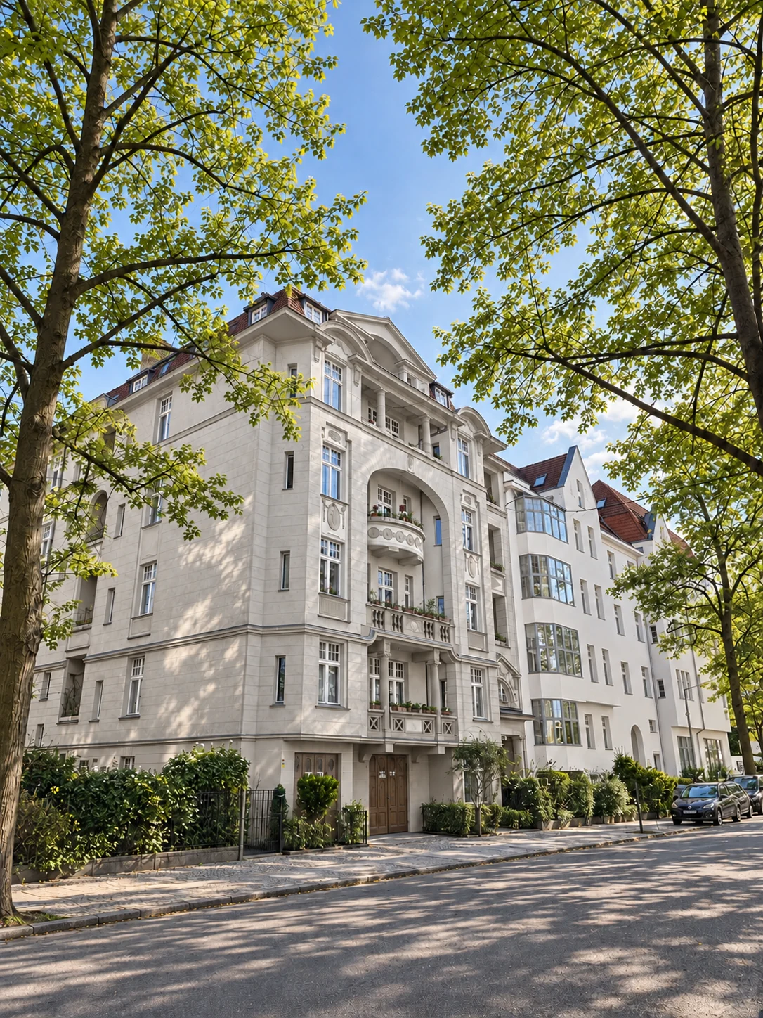 Gesamtansicht der Goßlerstraße 24 vom Dach bis zum Türeingang, eingerahmt von Straßenbäumen