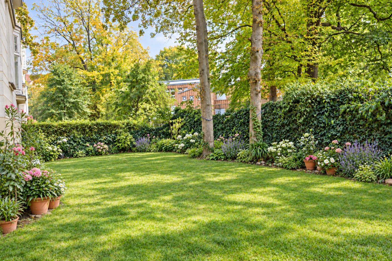 Grüner Gemeinschaftsgarten mit Rasenfläche, Sträuchern und gewachsenen Bäumen
